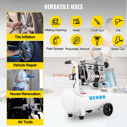 VEVOR Air Compressor 6.6/11 Gal,Portable Air Compressor 1 HP, Oil Free Air Compressor Steel Tank 750W Ultra Quiet Compressor