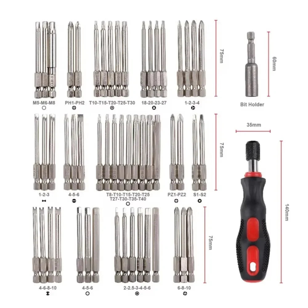 Ensemble de 55 embouts extra longs en acier S2 HRC55-60, tournevis magnétique cruciforme Torx Star Hex, longueur 75 mm, emballage en sac