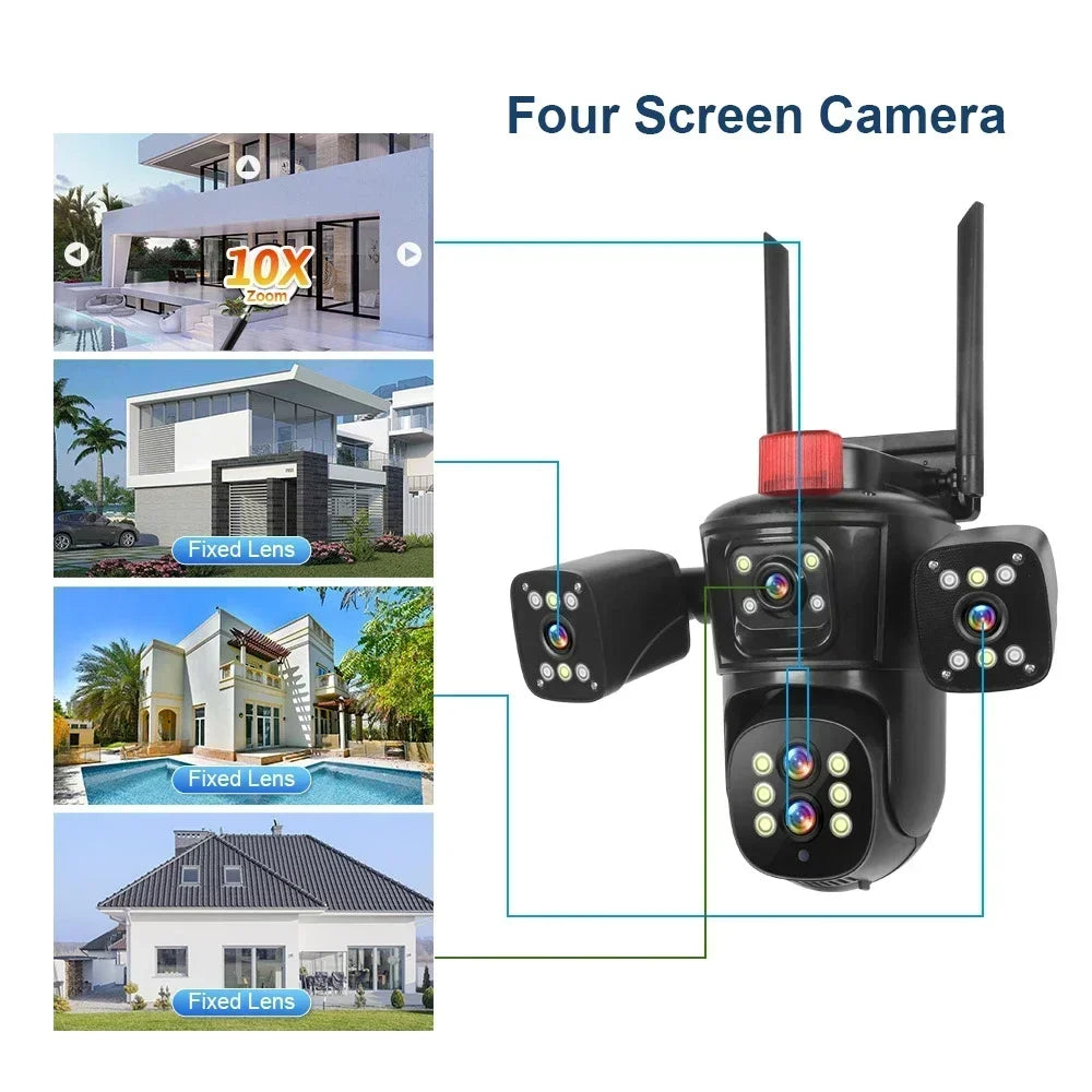 Caméra réseau WiFi 20MP 10K sans fil extérieur 10X Zoom quatre écrans cinq objectifs PTZ suivi automatique caméra de sécurité étanche CCTV