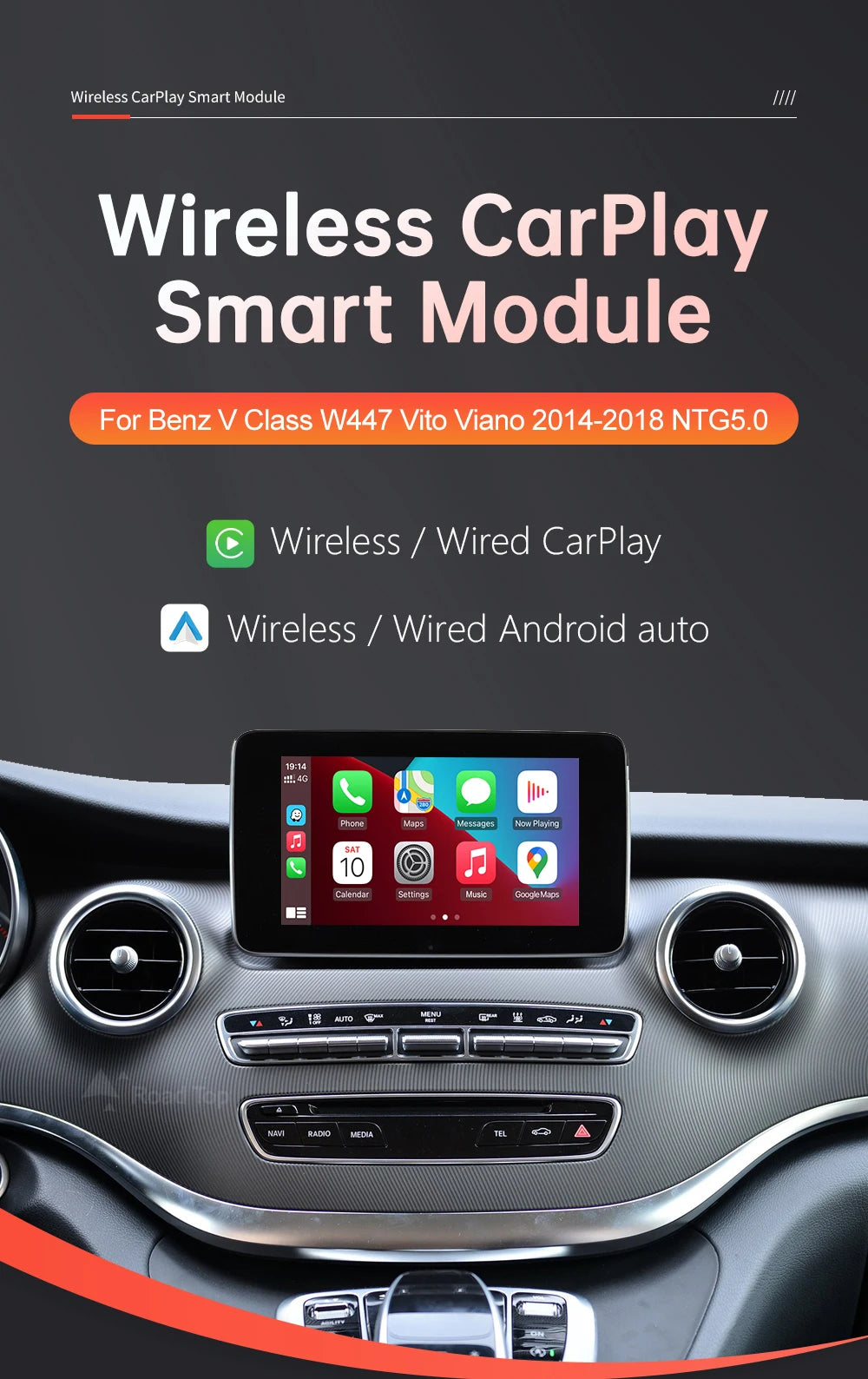 Wireless CarPlay for Mercedes Benz V-Class W447 2014-2018 Vito Viano, with Android Auto Mirror Link AirPlay Car Play Functions