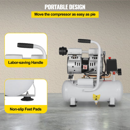 VEVOR Air Compressor 2Gal Ultra Quiet Oil-free Air Compressor 9L Tank Silent Air Compressor 550W Low noise w/ Pure Copper Motor