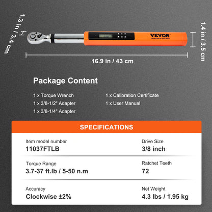 VEVOR 3/8" 1/2" Digital Torque Wrench Drive Electronic Torque Wrench Torque Wrench Kit 3.7-37/25-250ft.lb Torque Accurate Range