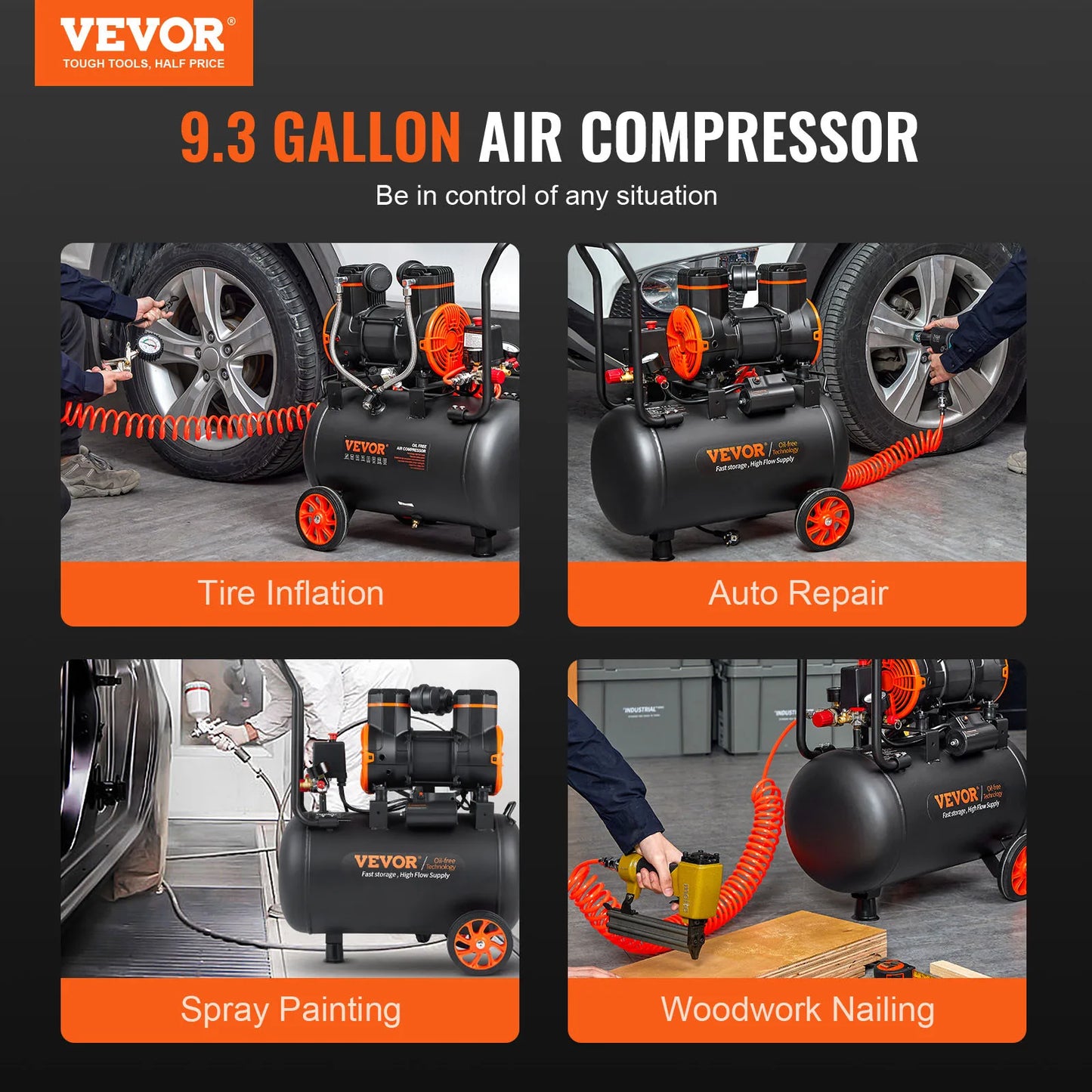 VEVOR 1800W 50Hz Air Compressor Oil Free Air Compressor W/35L Tank 70dB Ultra Quiet Compressor for Auto Repair/Tire Inflation