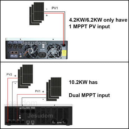 Dual Output On/Off Grid Solar Inverter4.2KW 24V 6.2KW 48V10.2KW With BMS Ports Dual MPPT PV Input Pure Sine Wave Hybrid Inverter