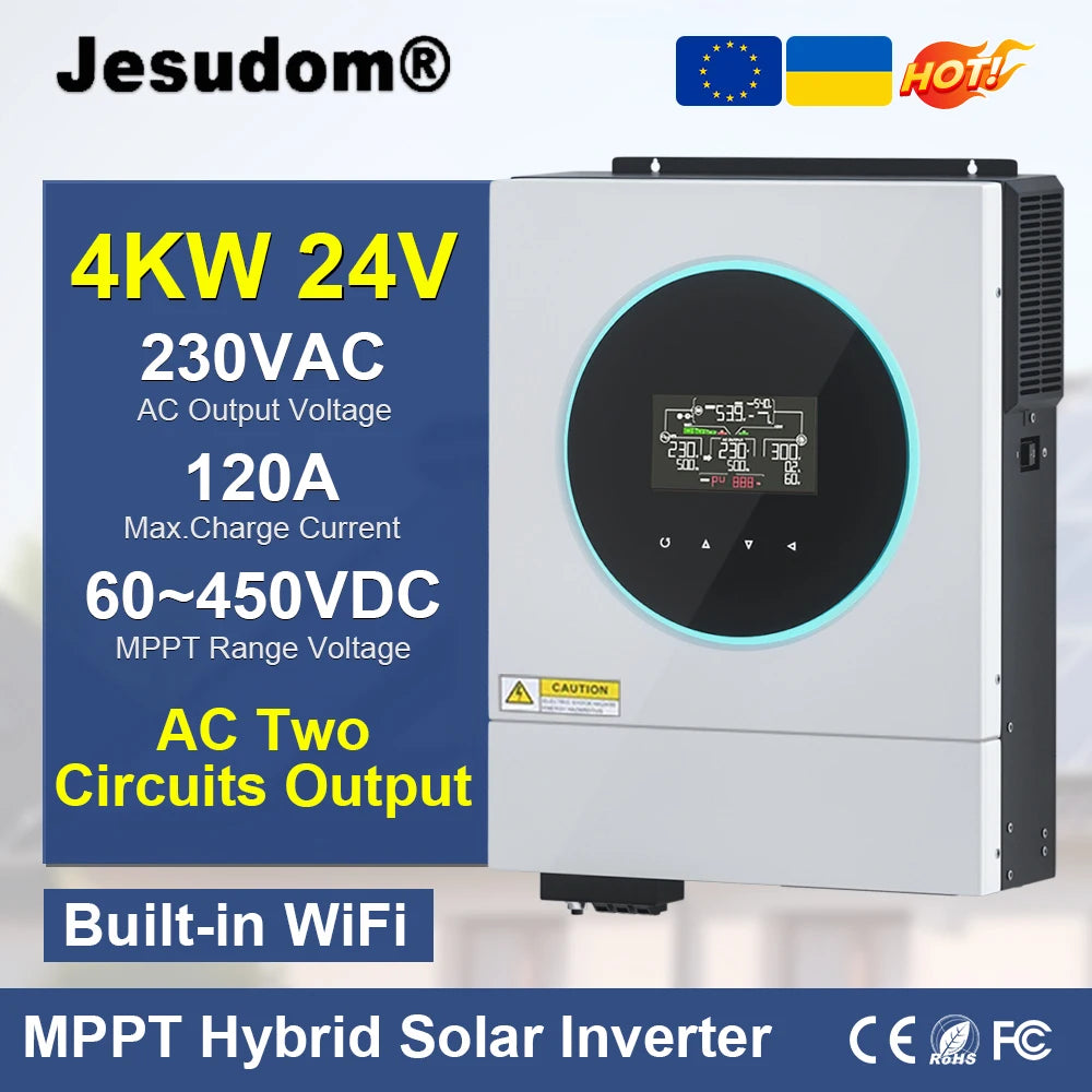 4KW Off Grid Hybrid Solar 24VDC la 230VAC Wi-Fi încorporat cu 120A MPPT Controller solar de încărcare Invertor solar hibrid