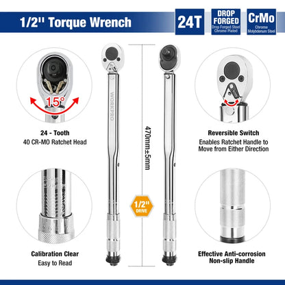 Clé dynamométrique à entraînement carré WORKPRO 1/4'' 3/8'' 1/2'' 5-210 Nm Clé à cliquet bidirectionnelle précise pour réparation automatique Clé de clé de réparation