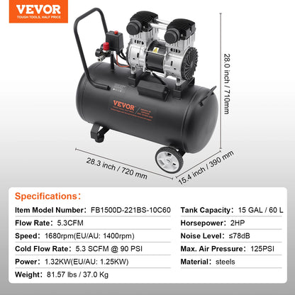 Compresseur d'air VEVOR 750W/1450W/3000W Compresseur d'air sans huile Pompe de compresseur portable silencieuse pour réparation automatique Gonflage des pneus à la maison