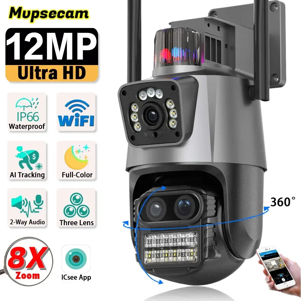 Cameră de securitate 360 ​​fără fir pentru exterior 6K 12MP WiFi ICSee Smart Trei lentile 8X Zoom Cameră IP de supraveghere video CCTV Urmărire automată