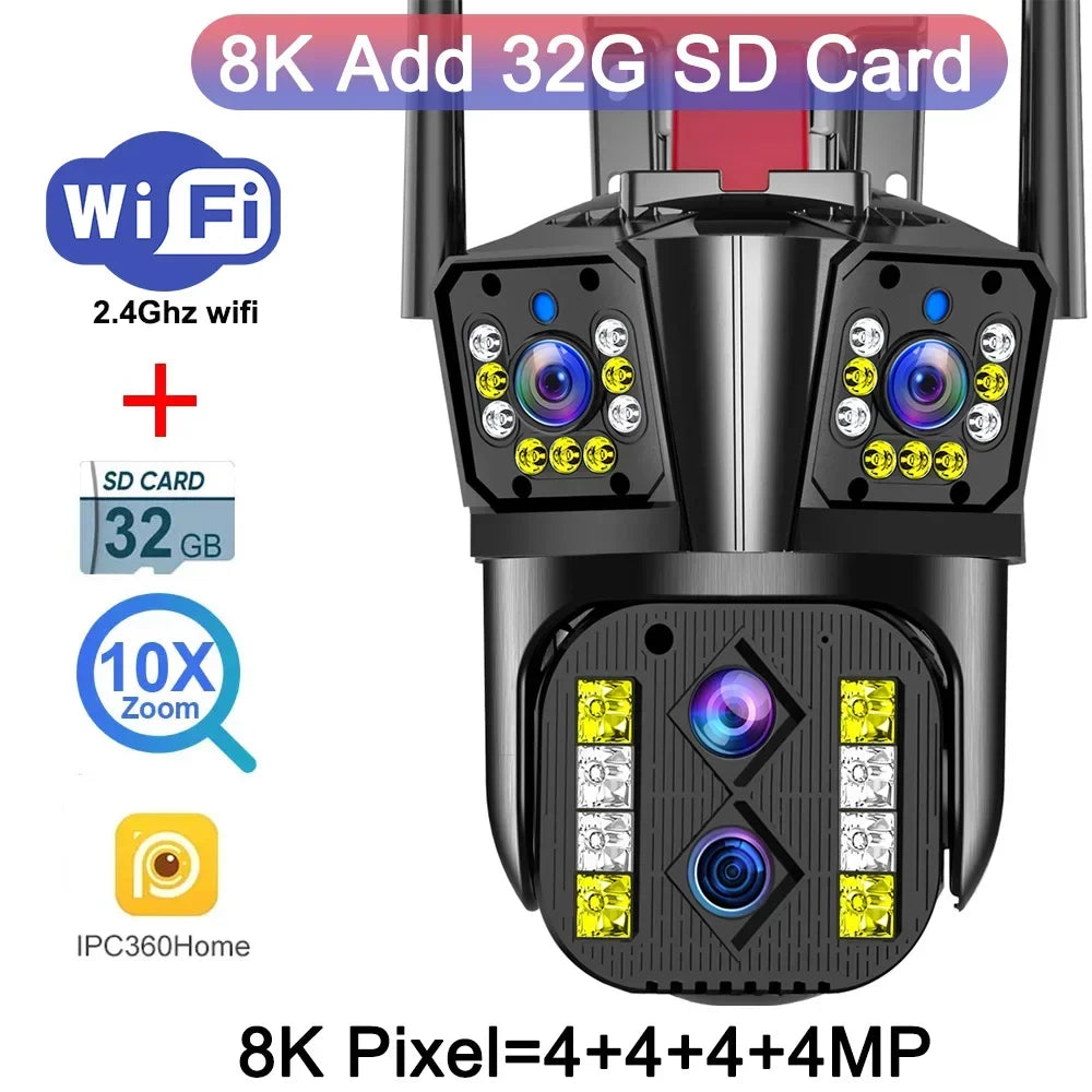 Outdoor WIFI IP Camera 16MP 8K HD 10X Optical Zoom Automatic Tracking PTZ Four Lens Three Screen Waterproof Security Camera CCTV