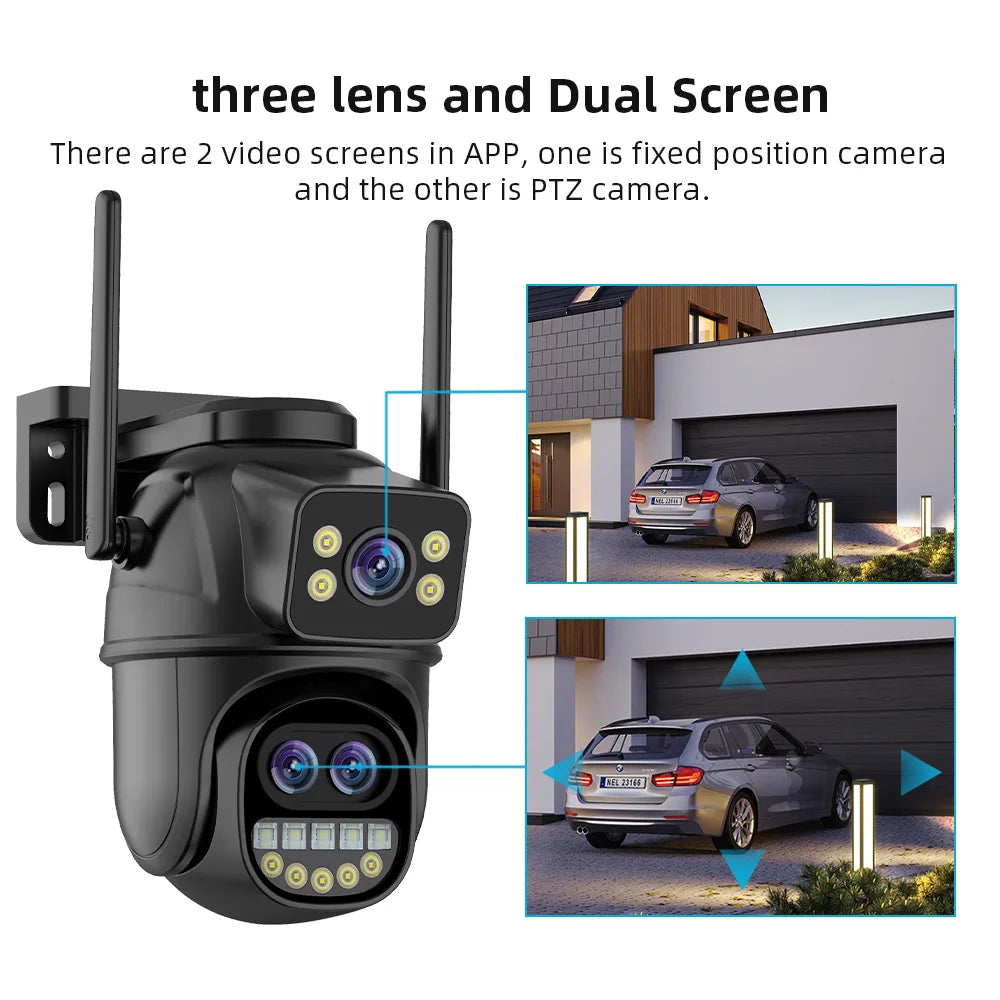 Cameră IP WiFi 9MP 5K HD pentru exterior Zoom 8x Cameră PTZ cu ecran dublu cu trei lentile Urmărire automată Securitate la domiciliu Supraveghere CCTV Cameră 4MP