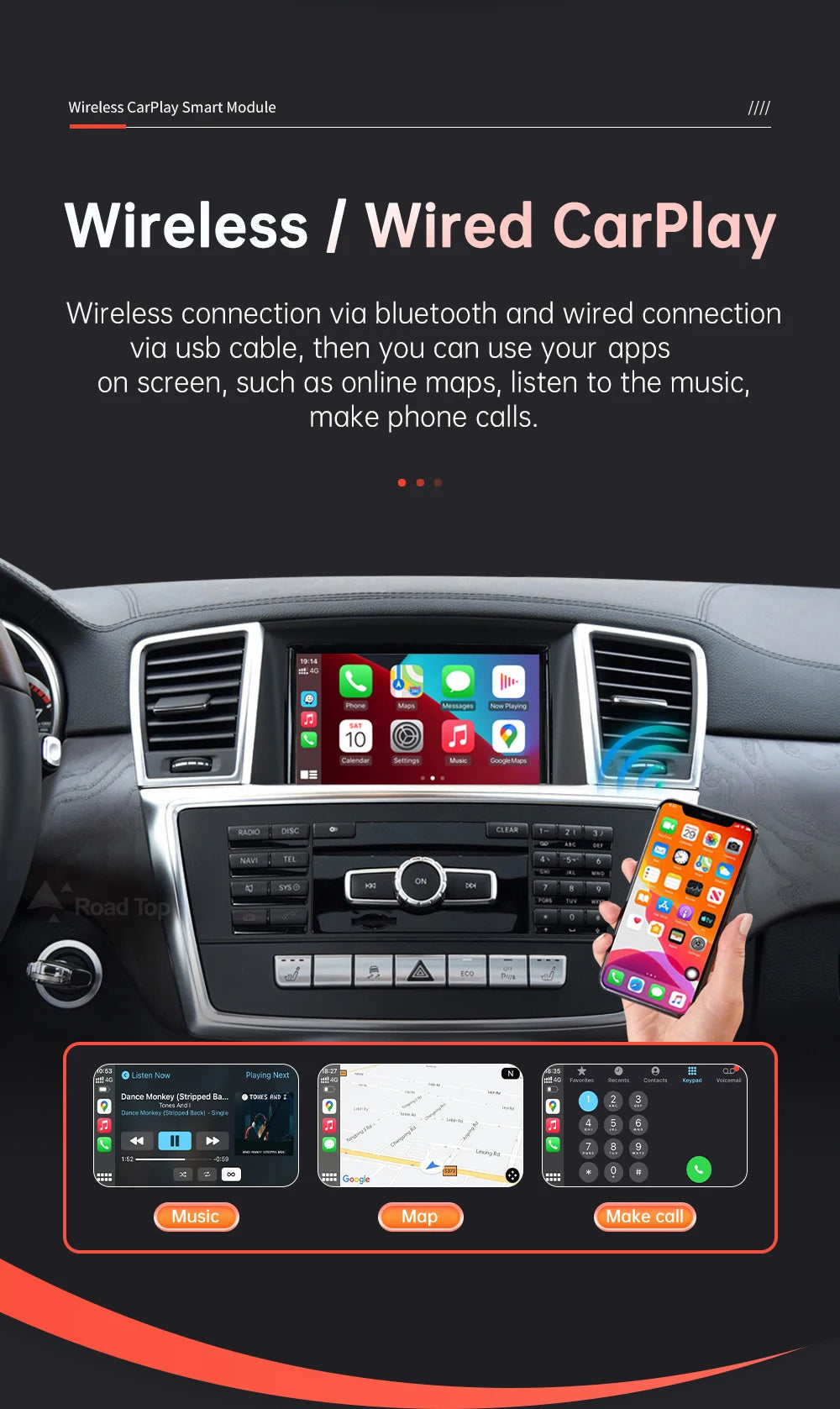 Road Top Wireless CarPlay Android Auto for Mercedes Benz ML GL W166 X166 2012-2015 with Mirror Link AirPlay Car Play Functions