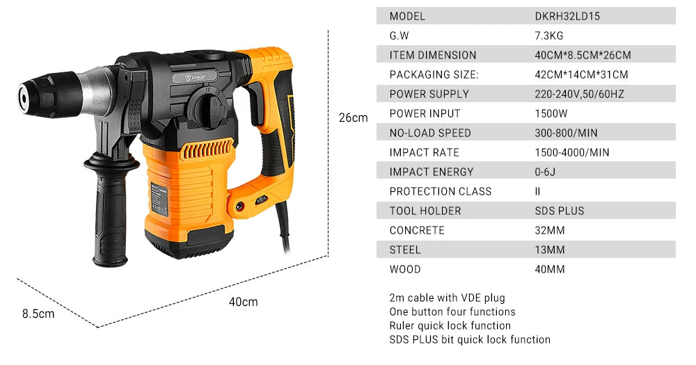 DEKO DKRH32LD15 220V 1500W Multifunctional Impact Rotary Hammer Home DIY Woodworking Electric Blasting Hammer Drill Power Tools