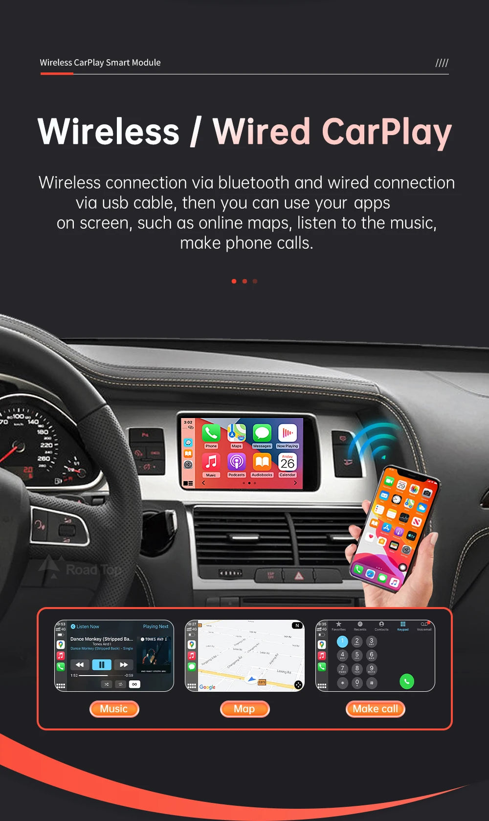 Road Top Wireless CarPlay Android Auto Interface For Audi Q7 2010-2015 with AirPlay Mirror Link Car Play Functions