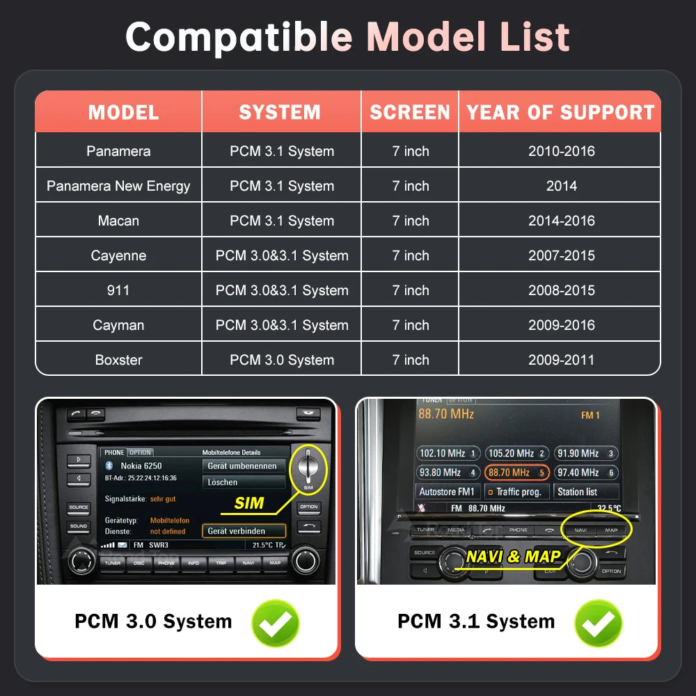 RoadTop Wireless CarPlay Android Auto pentru Porsche Boxster 718 Macan Cayman Cayenne 911/918 PCM3.0 3.1 2008-2015 cu Mirror Link