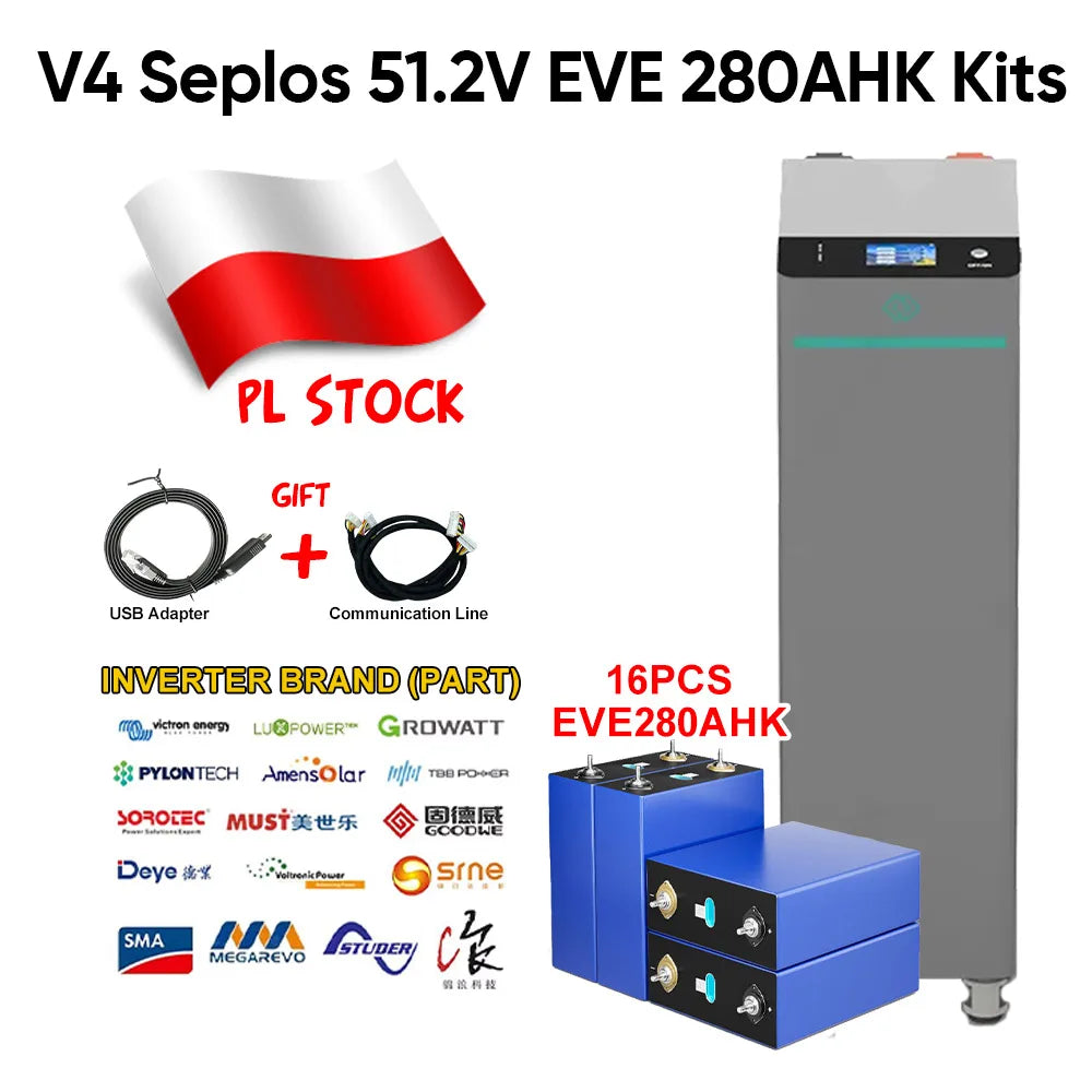 Poland Stock 14.5KWH V4 Seplos Lifepo4 Battery Kits  EVE280K Grade A+ With 10A Active Balancer Home Solar Free Shipping EU