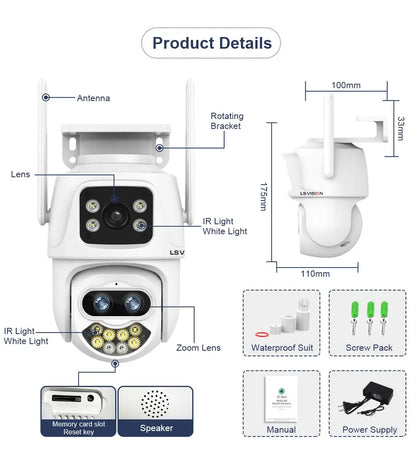 LS VISION 12MP 6K Three Screens WiFi Linkage Camera Outdoor Three Lens PTZ Auto Tracking Security Cameras Alexa iCSee App