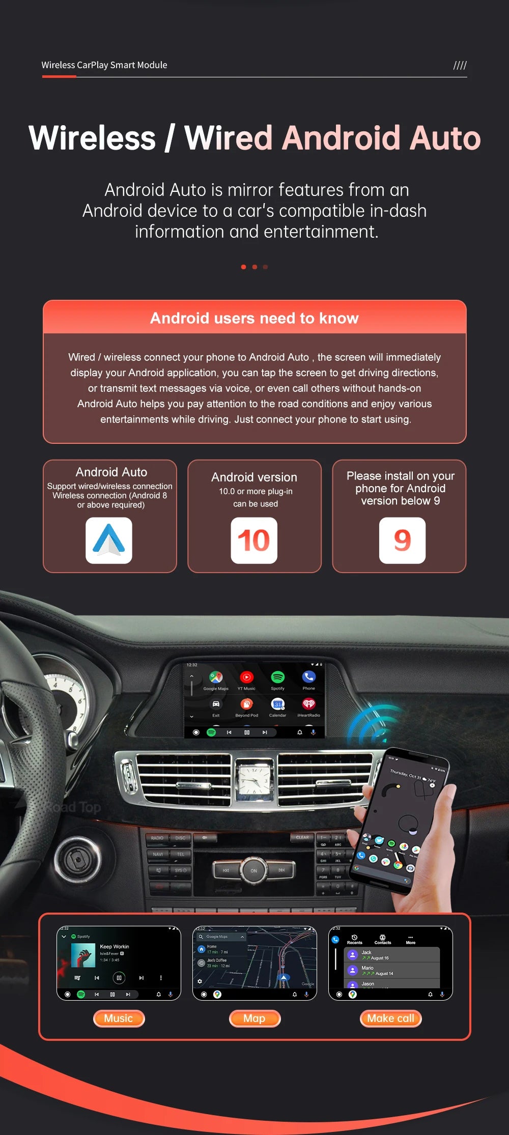 Road Top Wireless CarPlay Android Auto for Mercedes Benz CLS W218 2011-2015 with Mirror Link AirPlay Rear Camera Functions