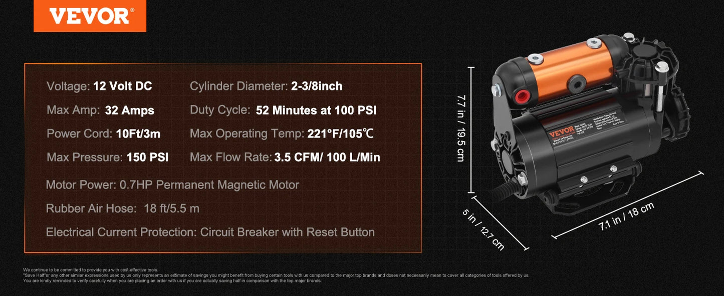 Kit de compresseur d'air embarqué VEVOR Compresseur d'air tout-terrain 150 PSI Gonfleur de pneu portable Pompe à air 3,5 CFM pour véhicule Jeep SUV 4x4