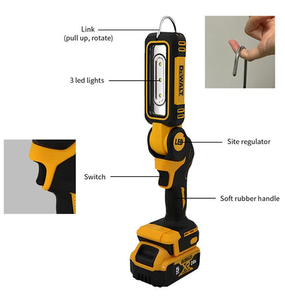 Lampe de travail à LED Dewalt, lampe de poche portative rotative à 90 °, crochet, batterie rechargeable 20 V, lampe de poche de camping en plein air