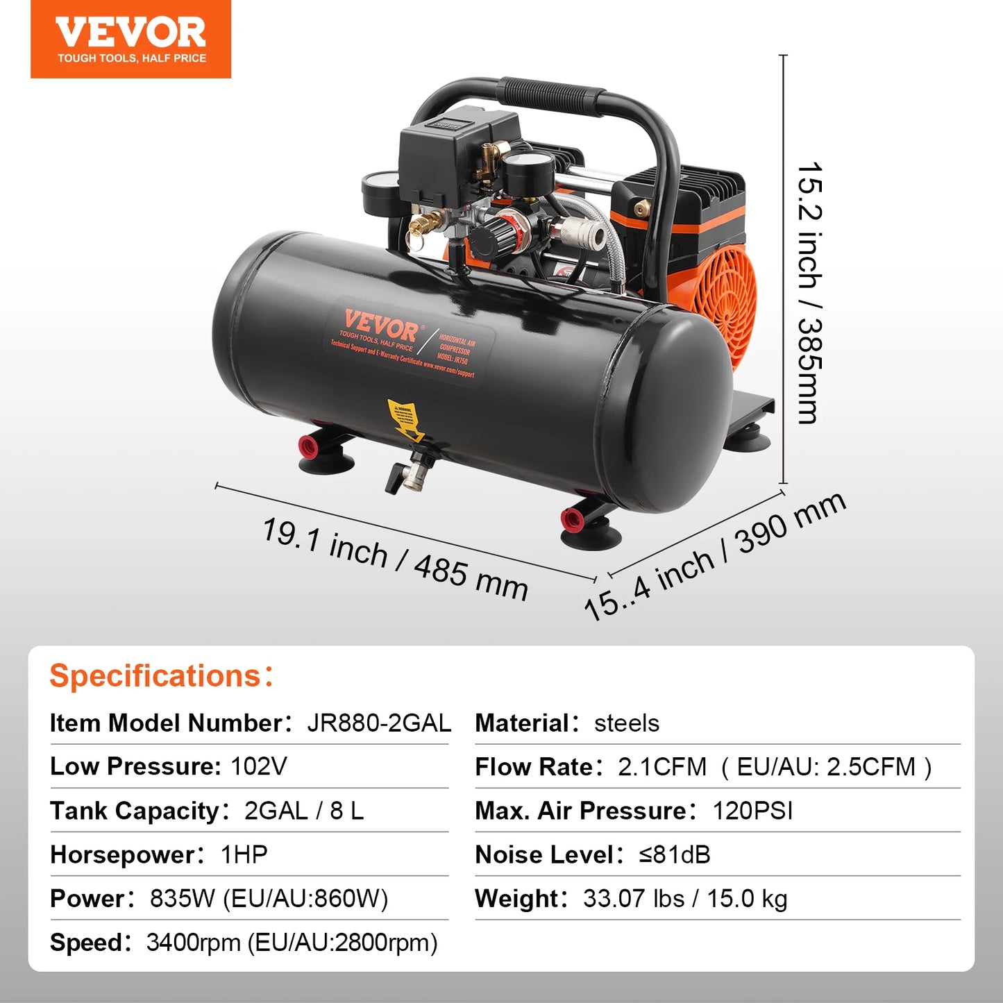 Compresseur d'air VEVOR 750W/1450W/3000W Compresseur d'air sans huile Pompe de compresseur portable silencieuse pour réparation automatique Gonflage des pneus à la maison