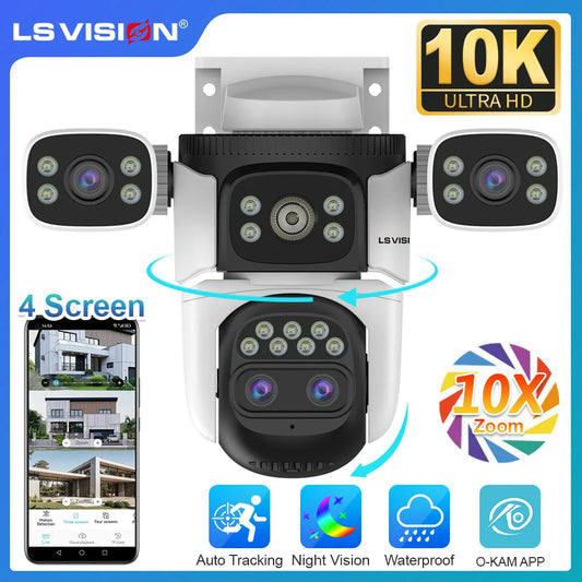 LS VISION 20MP 10X Zoom Patru Ecrane WiFi Cameră IP fără fir pentru exterior 10K Patru lentile PTZ Human Auto Tracking Camere de supraveghere