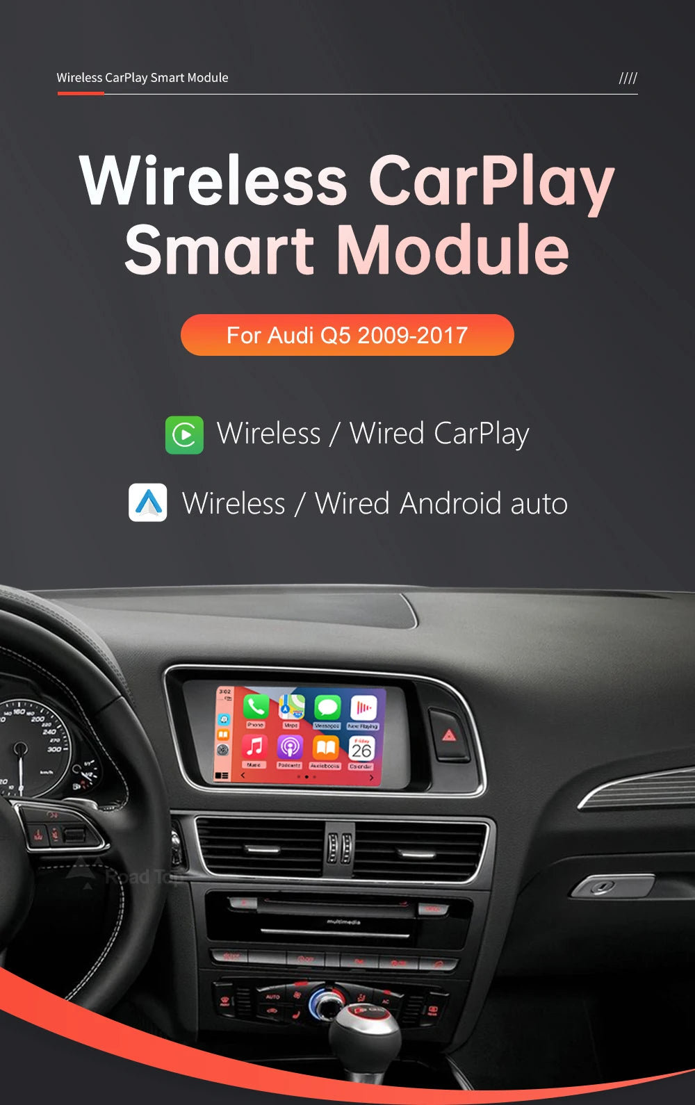 Road Top Wireless Carplay Module For Audi Q5 2009-2017, with Android Auto Airplay Mirror Link USB Player Rear Camerm Functions