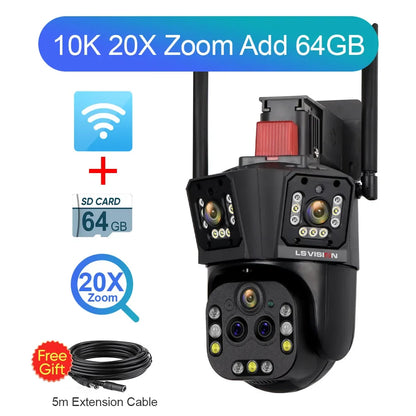 LS VISION 10K UHD WiFi IP Cameră de exterior Zoom optic 20X Urmărire automată 6K PTZ Cinci lentile Trei ecrane Cameră de securitate rezistentă la apă