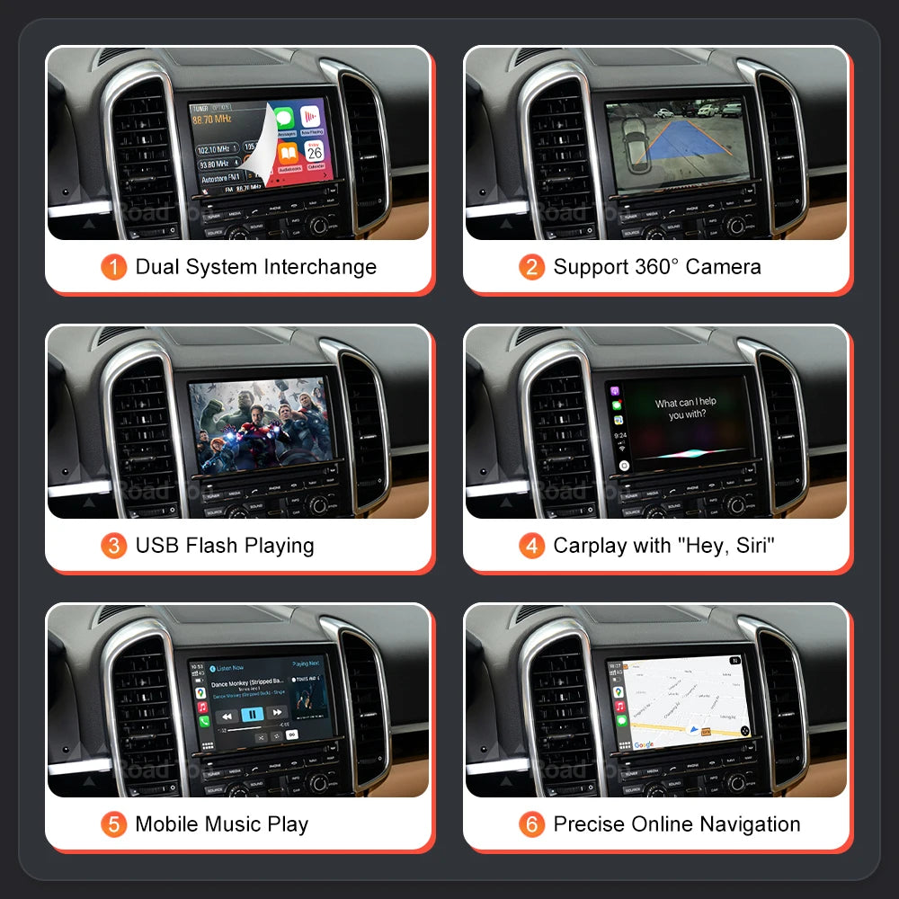 RoadTop Wireless CarPlay Android Auto pentru Porsche Boxster 718 Macan Cayman Cayenne 911/918 PCM3.0 3.1 2008-2015 cu Mirror Link