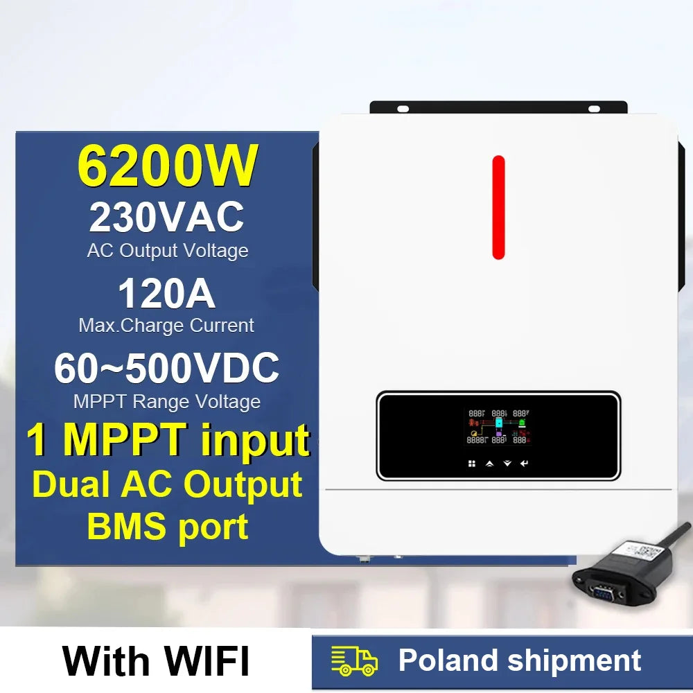 Dual Output On/Off Grid Solar Inverter4.2KW 24V 6.2KW 48V10.2KW With BMS Ports Dual MPPT PV Input Pure Sine Wave Hybrid Inverter