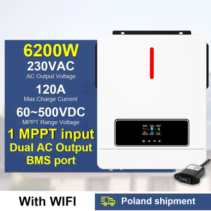 Dual Output On/Off Grid Solar Inverter4.2KW 24V 6.2KW 48V10.2KW With BMS Ports Dual MPPT PV Input Pure Sine Wave Hybrid Inverter