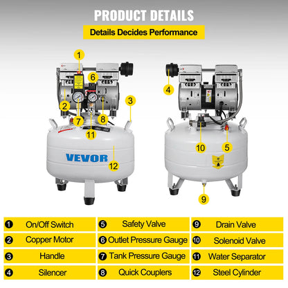 VEVOR Vertical Air Compressor 6.6/8.8 Gal Ultra Quiet Oil-Free Air Compressor 30L/40L Tank Silent Air Compressor 850W Low noise