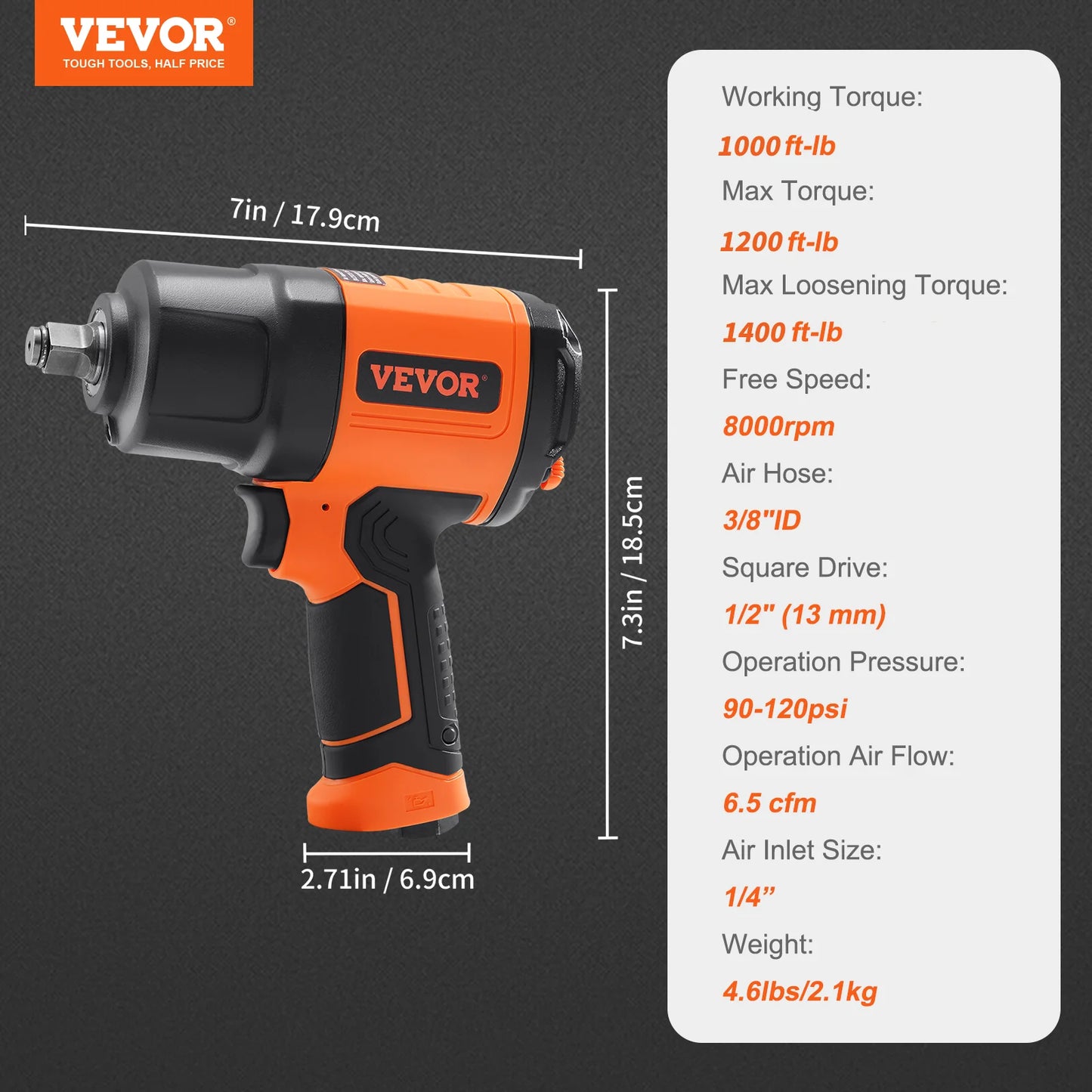 VEVOR 1/2 Inch Air Impact Wrench High Torque Up to 1400 ft-lbs Pneumatic Impact Gun with Steel Impact Socket Set for Auto Repair