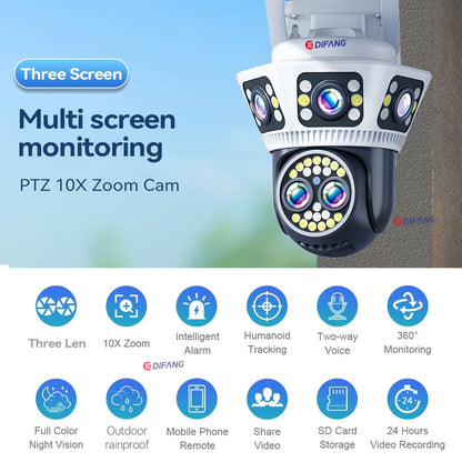 New 8K WiFi Camera Outdoor 10X Zoom Three Screen PTZ Video Surveillance Yoosee Street Dome 16MP Security-Protection CCTV Cameras