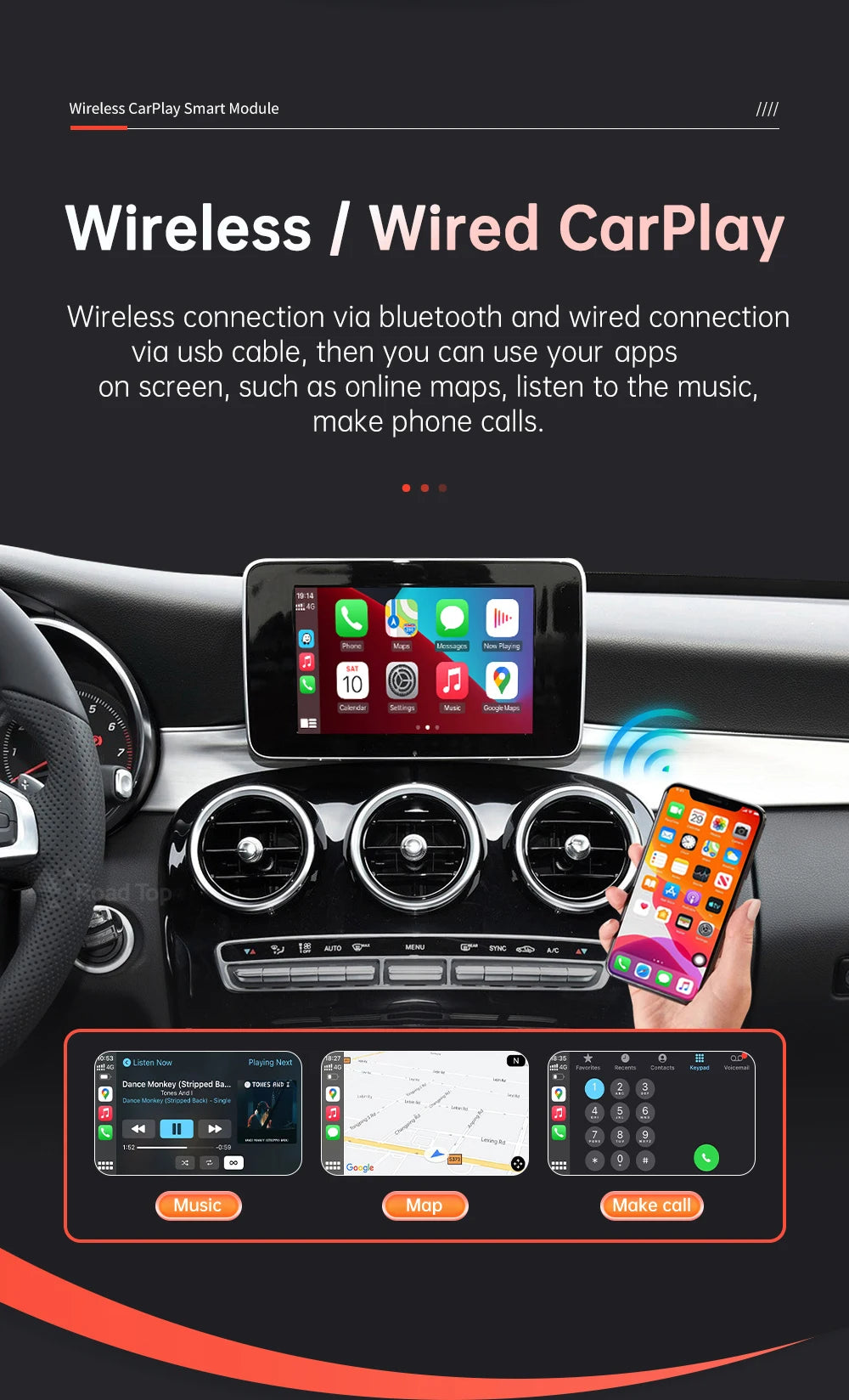 Wireless CarPlay Android Auto Decoder for Mercedes Benz GLC C-Class W205 2015-2018 with MirrorLink AirPlay Car Play Camera