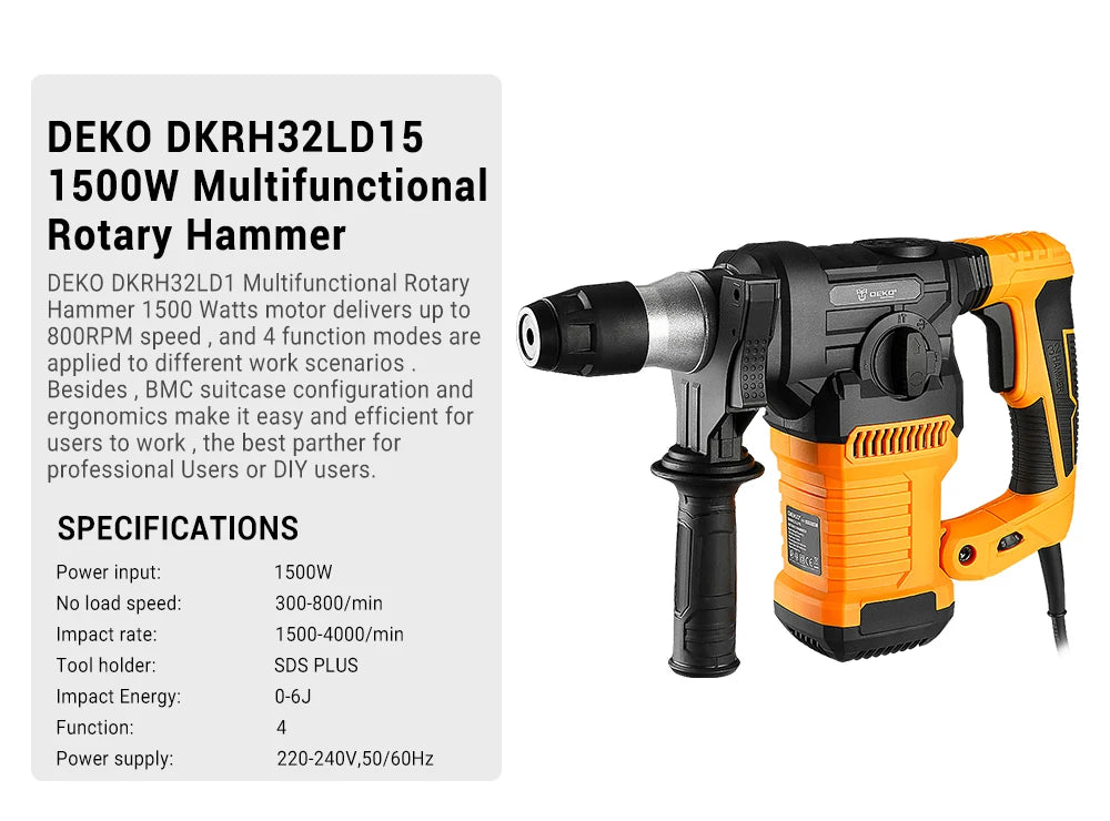 DEKO DKRH32LD15 220V 1500W Multifunctional Impact Rotary Hammer Home DIY Woodworking Electric Blasting Hammer Drill Power Tools