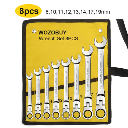 Flex Head Ratcheting Wrench Set,WOZOBUY Metric Ratchet Combination Wrenches Cr-V Gear Spanner Set Car Key Wrench Repair Tool Set