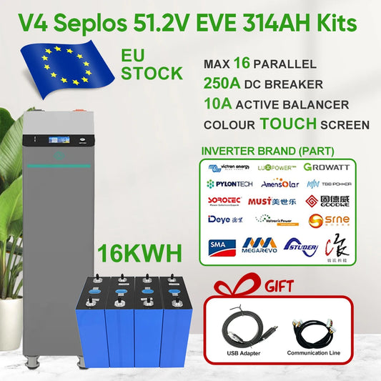 Poland Stock V4 Seplos 16KWH Lifepo4 Battery Kits MB31 EVE314 8000 Grade A+ With 10A Active Balancer Home Solar CAN Rs485