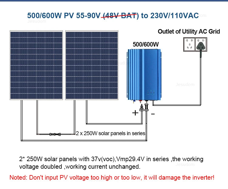 Invertor de 500 W MPPT conectat la rețea solară 12 V 24 V 48 V la AC 110 V sau 220 V Putere de descărcare reglabilă a bateriei