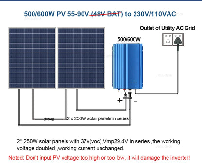 Invertor de 500 W MPPT conectat la rețea solară 12 V 24 V 48 V la AC 110 V sau 220 V Putere de descărcare reglabilă a bateriei