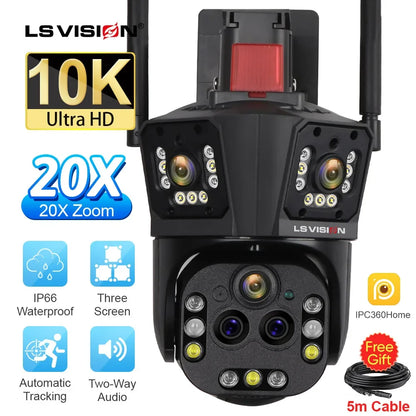 LS VISION 10K UHD WiFi IP Cameră de exterior Zoom optic 20X Urmărire automată 6K PTZ Cinci lentile Trei ecrane Cameră de securitate rezistentă la apă