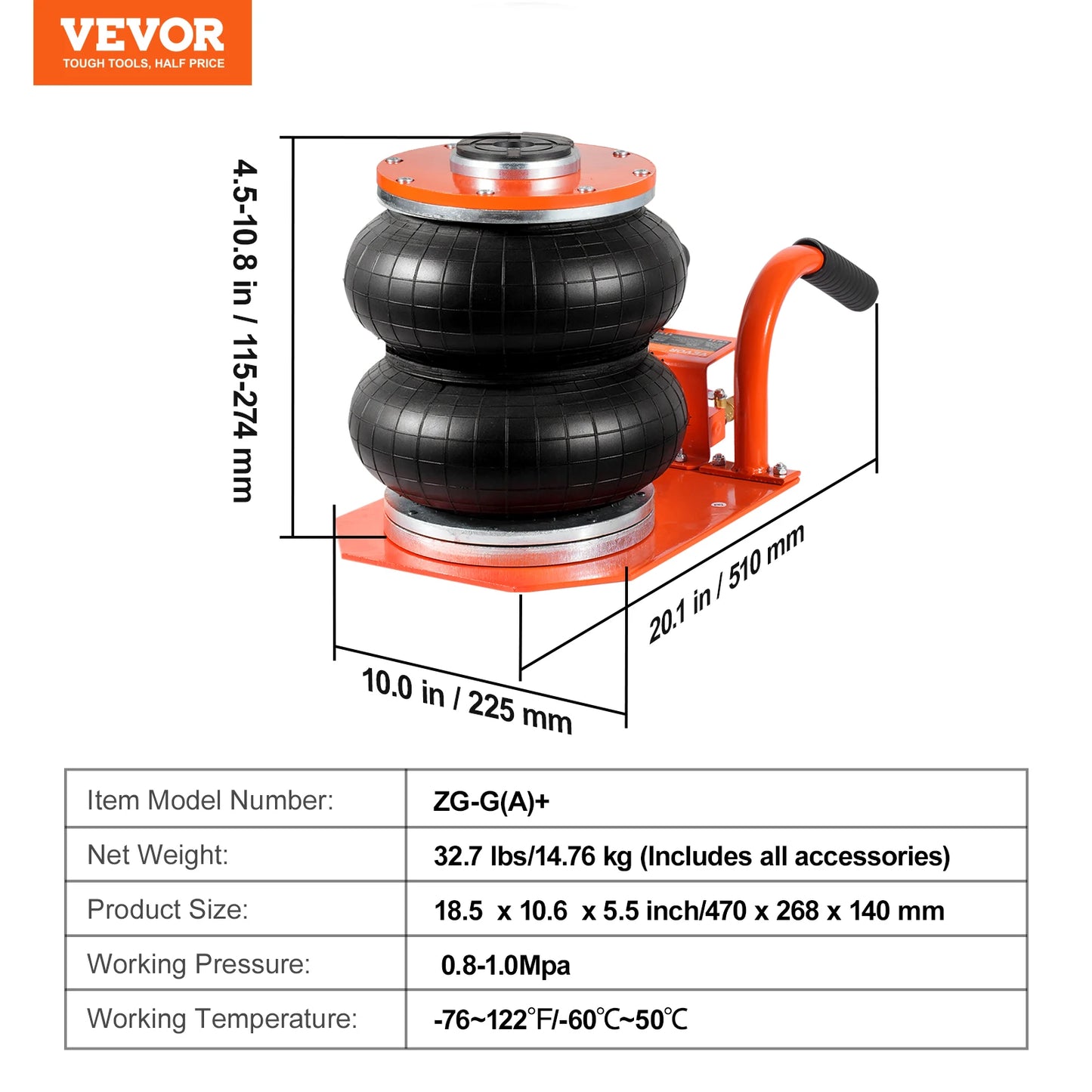 VEVOR Air Jack, 3 Ton/6600 lbs 3-8S Pneumatic Lifting Jack with Heightened Column & 6 Steel Tubes for Sedan, SUV, Pickup Truck