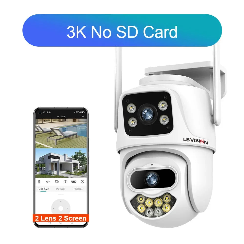 LS VISION 12MP 6K Three Screens WiFi Linkage Camera Outdoor Three Lens PTZ Auto Tracking Security Cameras Alexa iCSee App