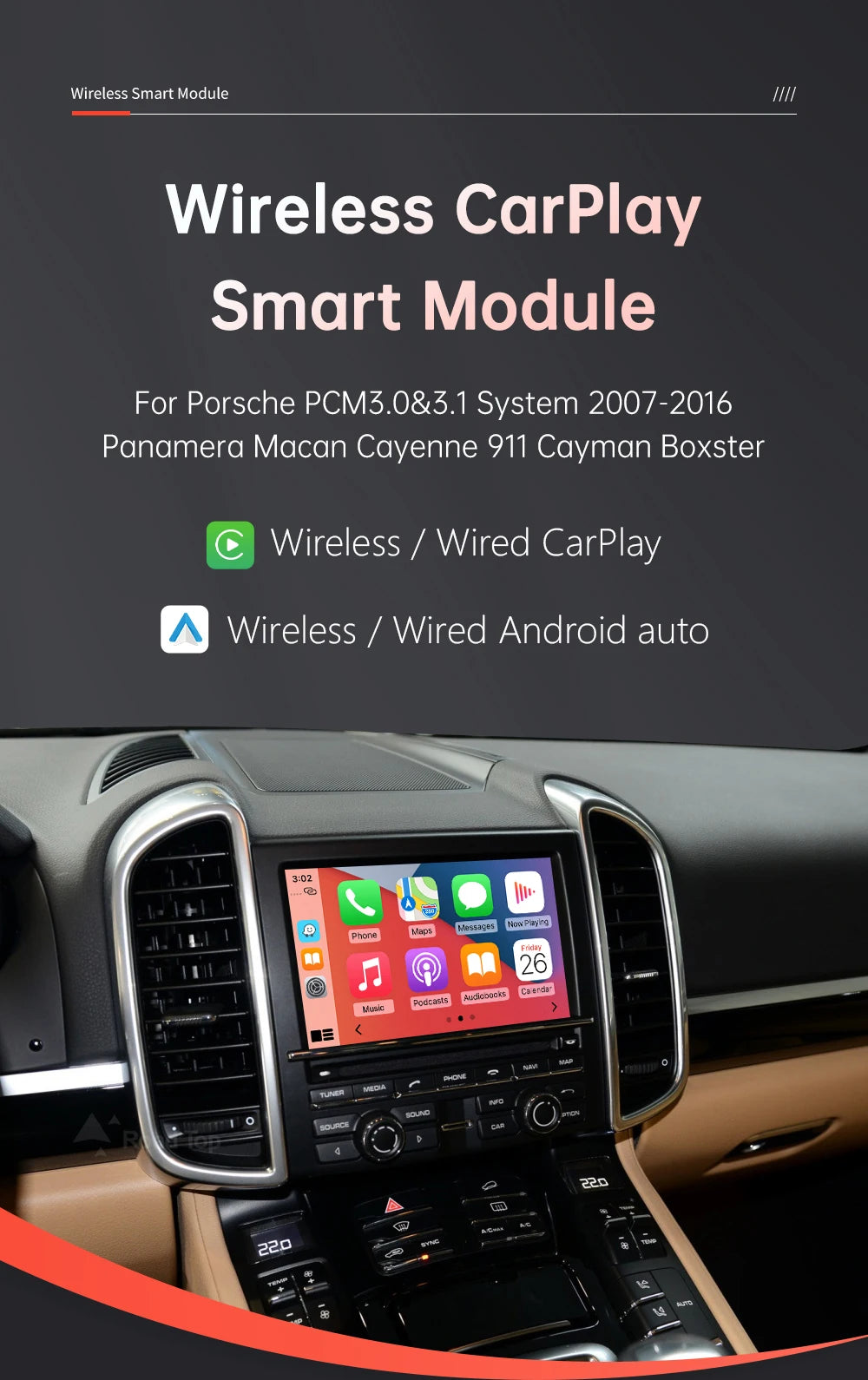 RoadTop Wireless CarPlay Android Auto pentru Porsche Boxster 718 Macan Cayman Cayenne 911/918 PCM3.0 3.1 2008-2015 cu Mirror Link