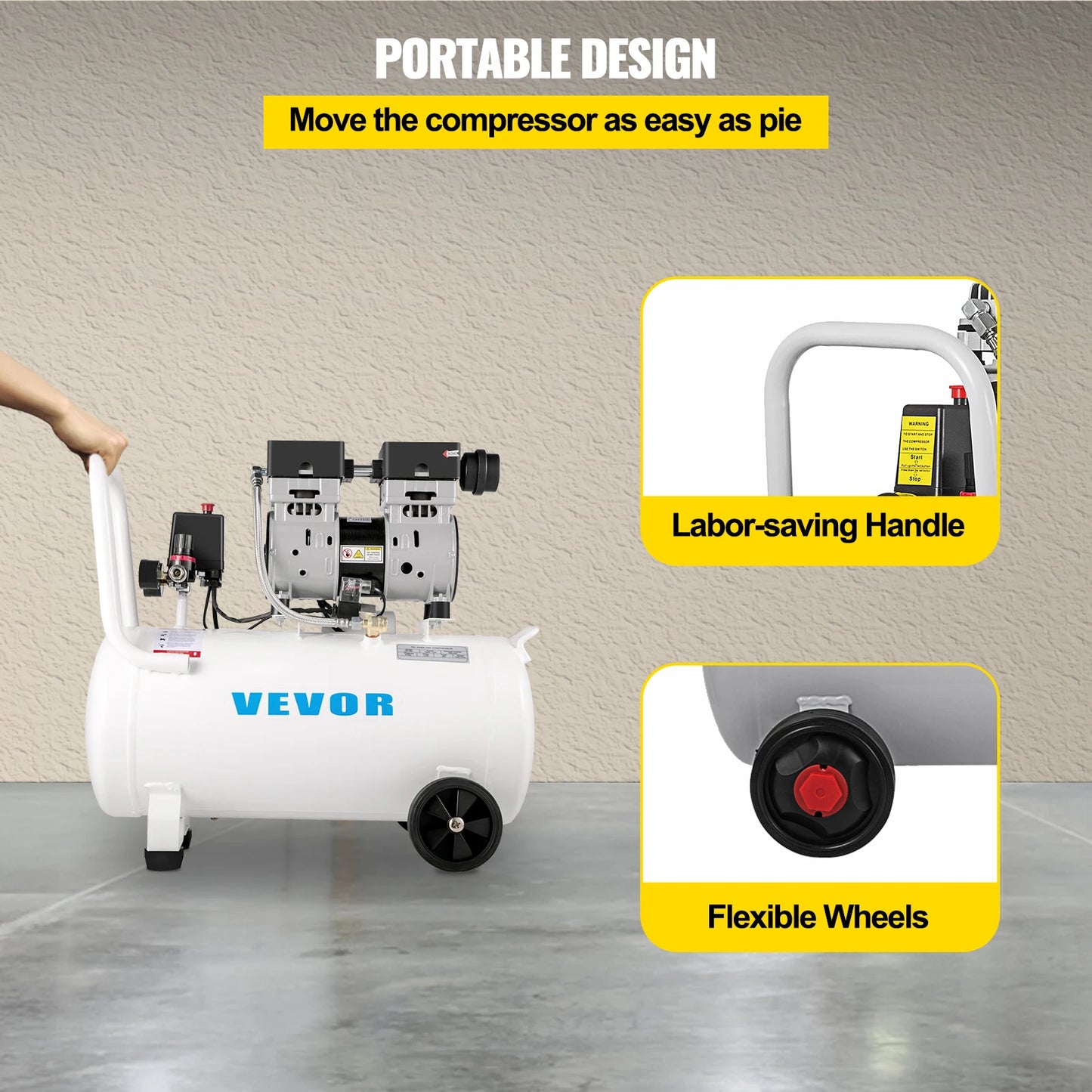 VEVOR 750W Air Compressor Quiet Oil-Free Air Compressor Portable Air Compressor W/50L Steel Tank for Home Repair/Tire Inflation