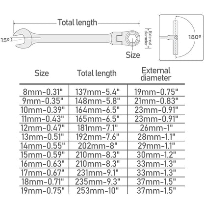 12 bucăți 8-19 mm chei cu clichet set chei chei scule de mână oțel crom vanadiu 72 dinți lustruit mat cap flexibil