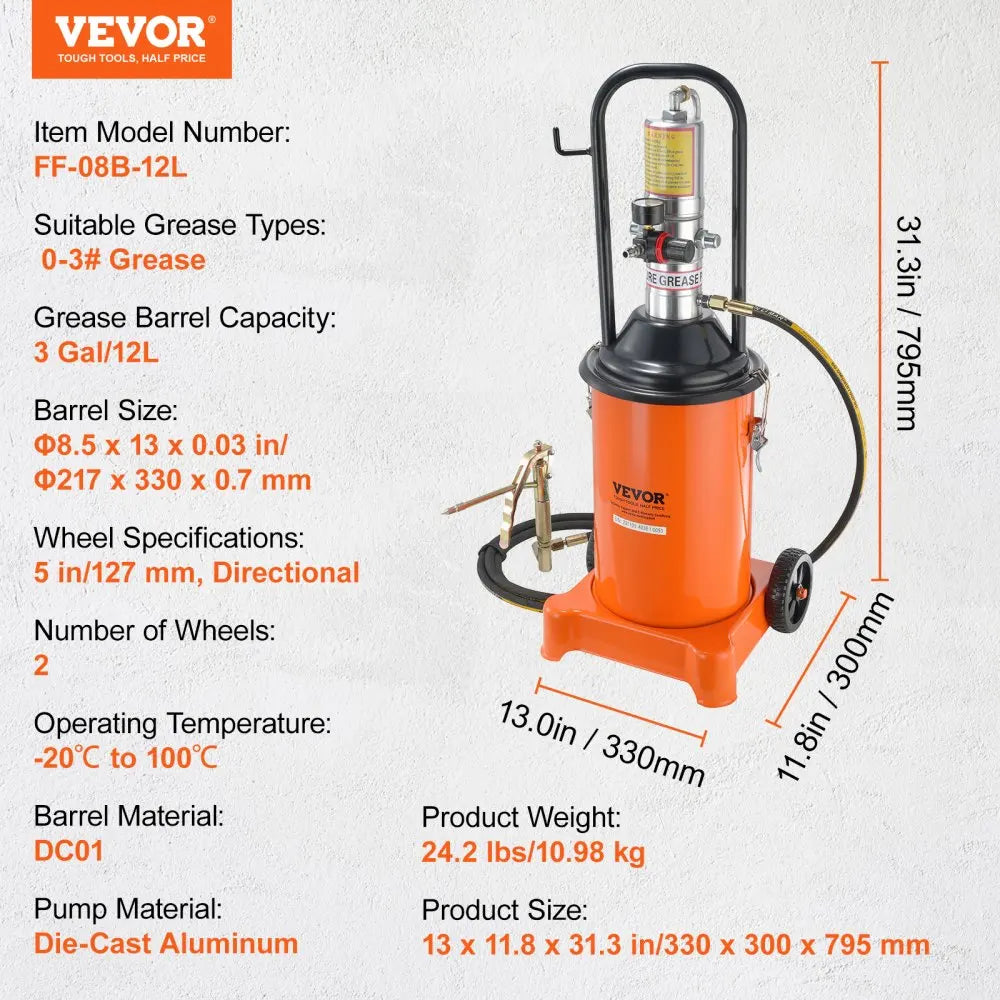 VEVOR 3/5/10.5 Gallon Grease Pump Air Operated with Hose Pneumatic Grease Bucket Gun and Wheels for Cars 50:1 Pressure Ratio