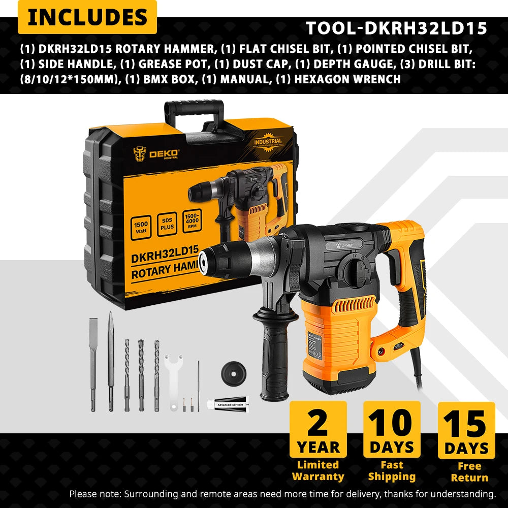 DEKO DKRH32LD15 220V 1500W Multifunctional Impact Rotary Hammer Home DIY Woodworking Electric Blasting Hammer Drill Power Tools