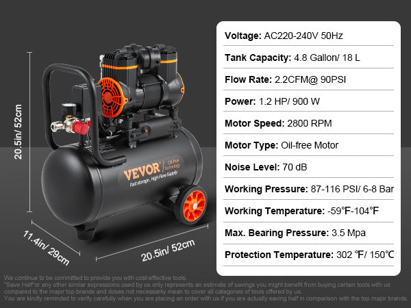 VEVOR 900w Air Compressor 90PSI Oil Free Air Compressor 70dB Ultra Quiet Compressor for Auto Repair/Tire Inflation/Spray Paint