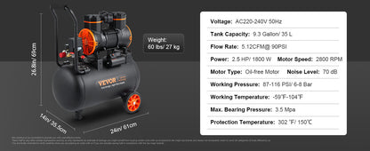 VEVOR Air Compressor, 9L 18L 24L 35L Oil Free Air Compressor Tank  116PSI Pressure, 70 dB Ultra Quiet Compressor for Auto Repair