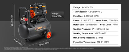 Compresseur d'air silencieux VEVOR 900 W 1450 W 1800 W Pompe à air portable silencieuse sans huile pour réparation à domicile Gonflage des pneus Compresseur Whisper